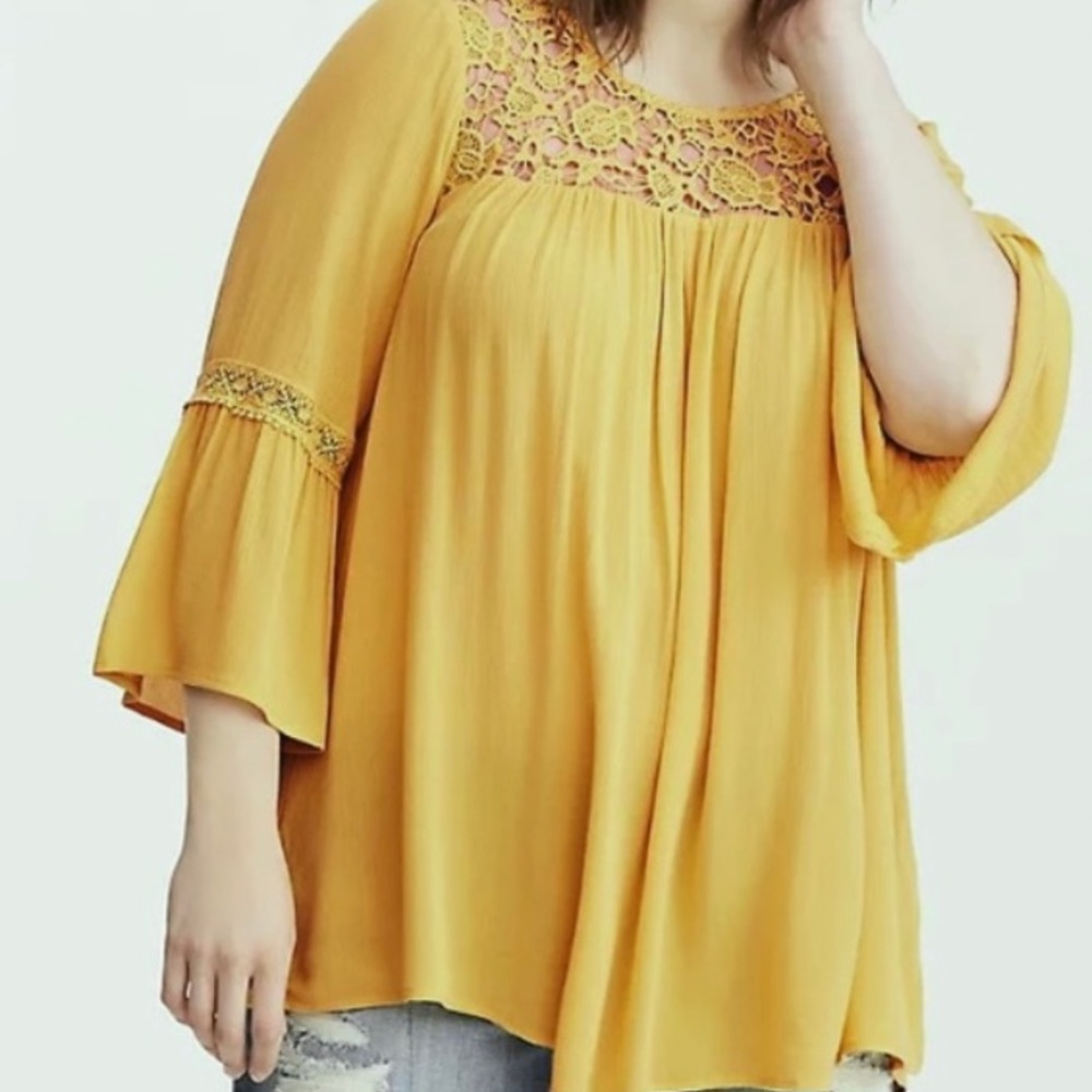 Torrid Boho Lace Inset Gauze Blouse Yellow Size 1X - Picture 2 of 10